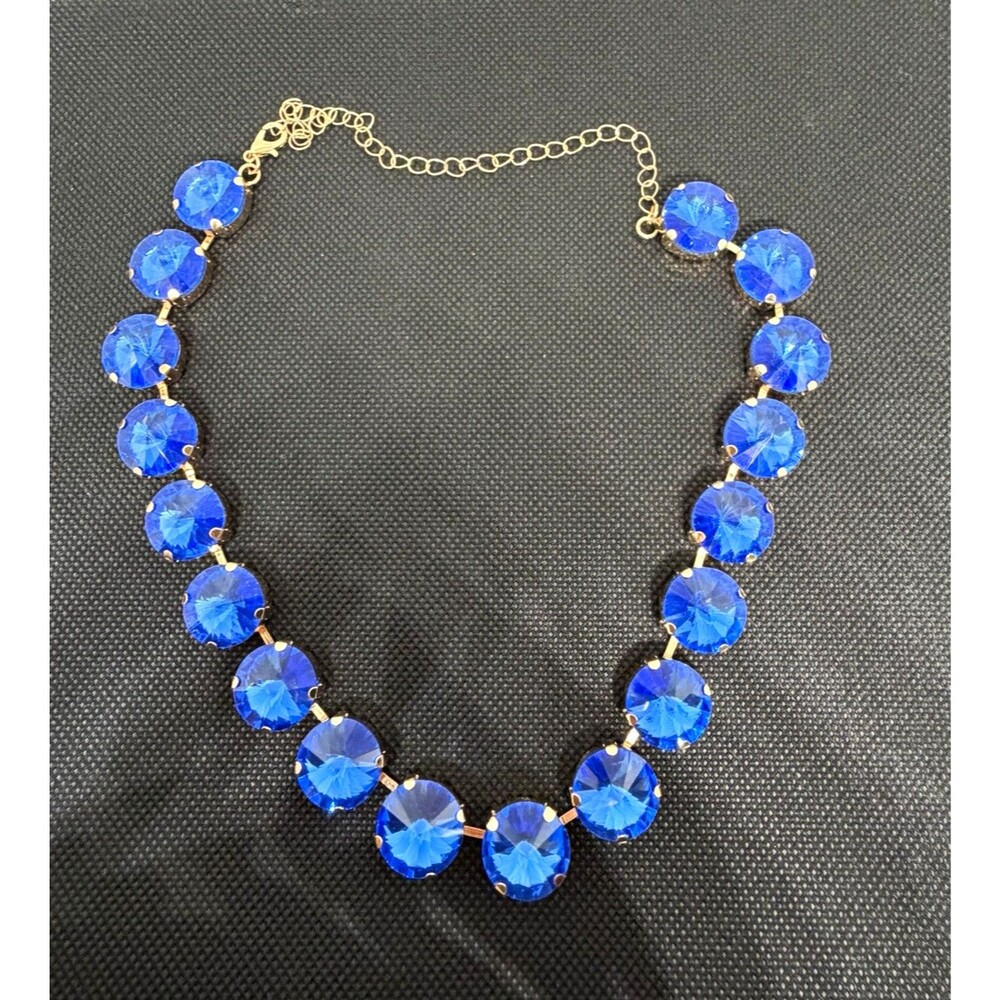 Gold Tone Blue Round Crystal Statement Necklace Cable Chain Lobster Clasp Adj